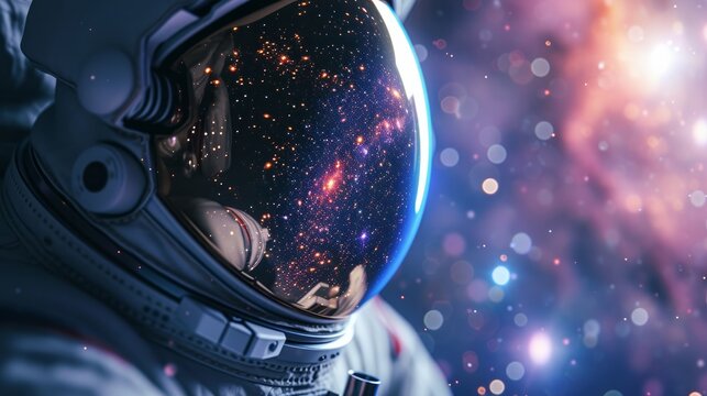 
Ultra-realistic, high-resolution close-up image of an astronaut's mask reflecting a view into space filled with galaxies and stars.
