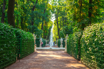 Fototapeta na wymiar Summer garden in St. Petersburg. Park ensemble, a monument of landscape art.