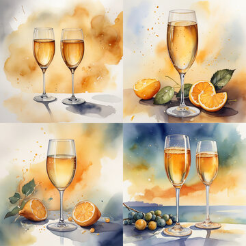 Elegant Watercolor Illustration of Sparkling Champagne Flutes With Citrus Accents