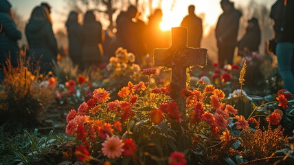 People at a funeral, a cemetery, and family grieving outside, accompanied by a coffin, representing loss and grief