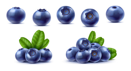 Realistic raw isolated ripe blueberry fruits. Vector 3d blue berries of blueberry, bilberry or huckleberry. Fresh fruit bunches with green leaves, juicy berries of wild forest or farm garden plant