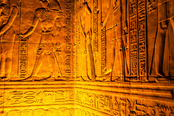 Carved walls of the Edfu Temple. Details.