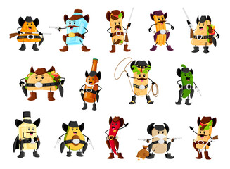 Cartoon cowboy and sheriff, bandit and robber, ranger tex mex mexican food and drink characters. Funny Wild West fast food vector personages. Cute taco, burrito, nachos, quesadilla and tequila bottle