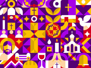 Christianity religion abstract modern geometric pattern, vector background in mosaic style. Jesus and cross, Christian church and candle with priest and angel, cathedral and dove in geometric pattern