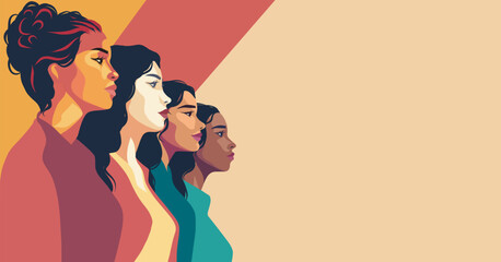 Vector horizontal banner beige background for Women's Day, women of different nationalities stand side by side. Vector concept of movement for gender equality and women's empowerment
