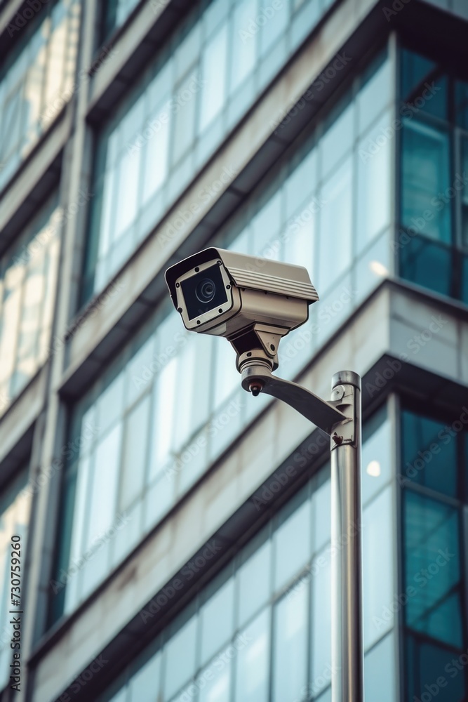 Poster A security camera mounted on a pole in front of a building. Suitable for surveillance and security concepts