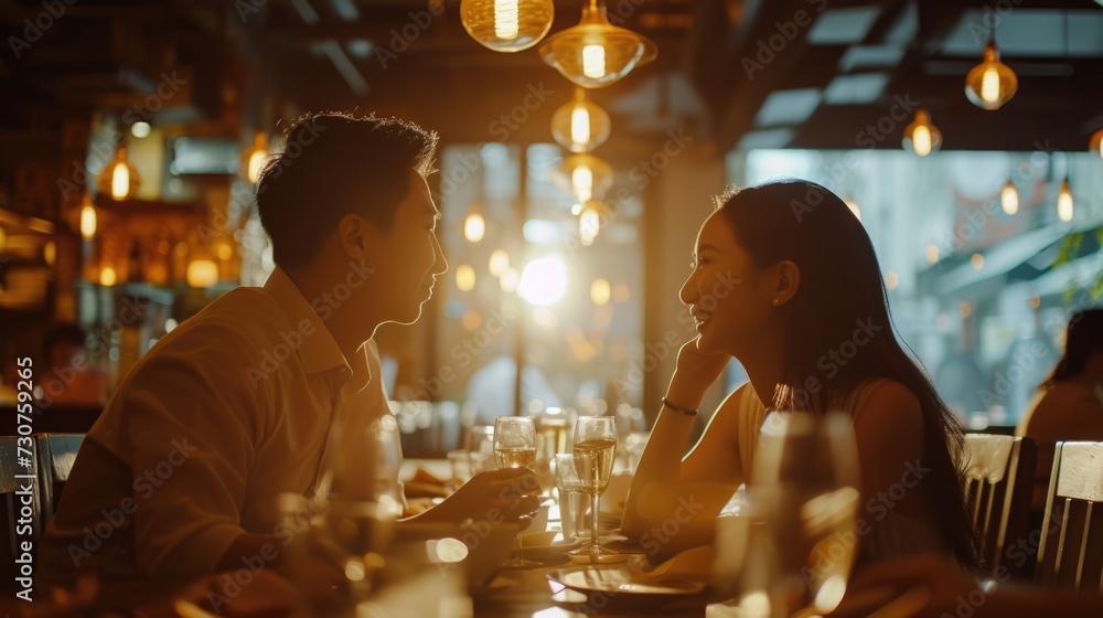 Poster A picture of a man and a woman sitting together at a table. This versatile image can be used to represent a variety of scenarios and concepts
