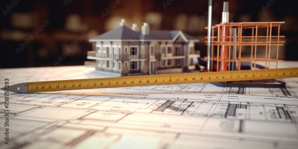 Aufkleber A ruler is placed on top of a table next to a model of a house. This image can be used to represent architecture, construction, or measurement
