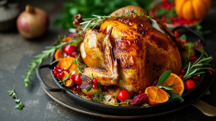 Thanksgiving day, roasted turkey with vegetables and herbs