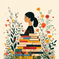 girl with books and flowers illustration.