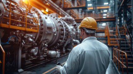 A worker in a thermal power plant is repairing equipment, surrounded by knowledge of thermodynamics and high temperature environment. Generative AI.