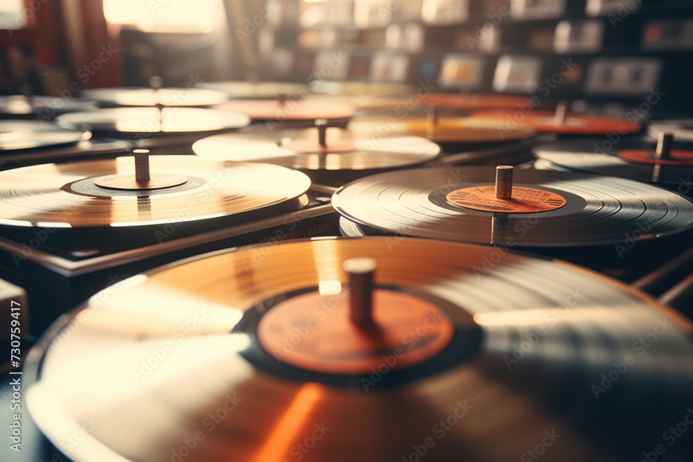 Poster a collection of vinyl records neatly arranged on a table. perfect for music enthusiasts and retro-th