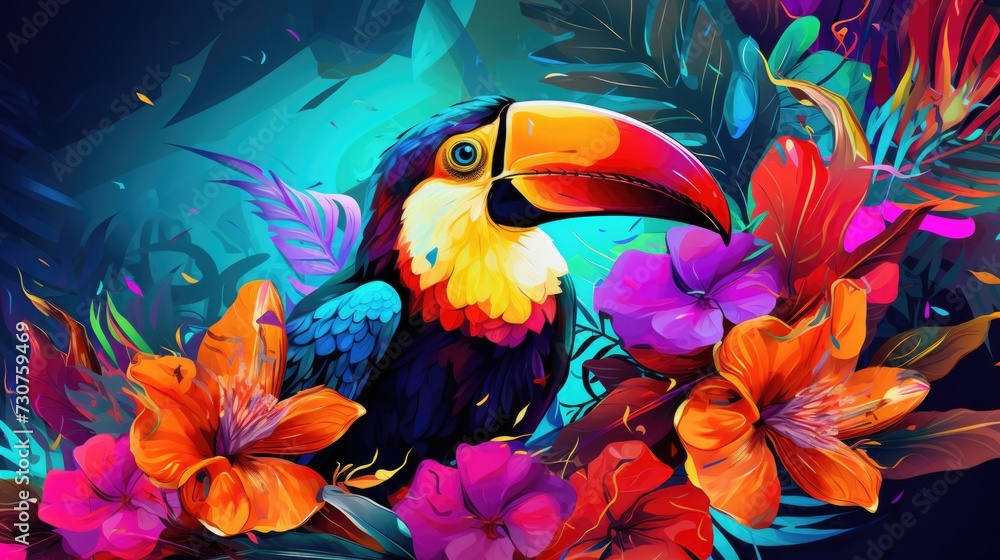 Poster A vibrant bird perched on a branch of a tree. Can be used to add a pop of color to any design