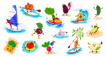Cartoon cheerful vegetable characters on summer beach vacation. Vector pumpkin, spinach, eggplant and avocado. Cucumber, chili, beetroot and garlic. Broccoli, tomato, radish and carrot or cauliflower