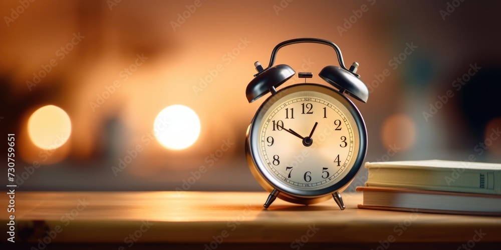 Aufkleber a clock sitting on top of a wooden table next to a book. suitable for time management or studying co