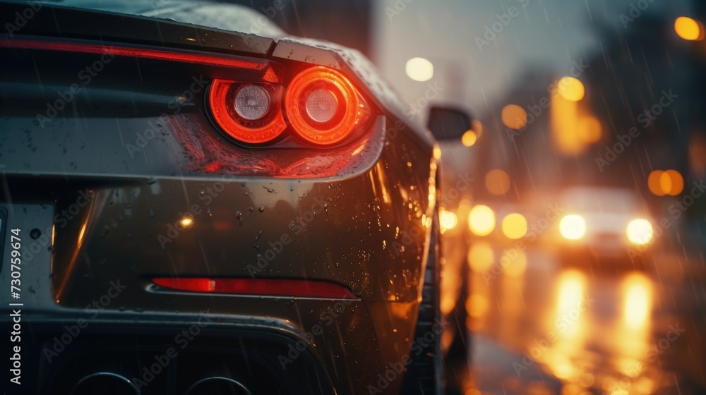 Poster a close-up photograph capturing a car in the rain. suitable for various automotive and weather-relat