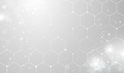 Obraz na płótnie Canvas Abstract background of hexagons pattern and chemical engineering, genetic, Molecular and communication. Hexagon honeycomb white background for innovation technology, science, healthcare. Vector EPS10.