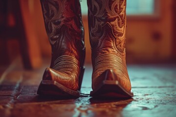 A detailed close-up shot of a pair of rugged cowboy boots. Perfect for Western-themed designs or fashion-related projects