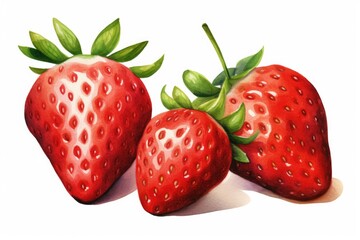 A painting of three fresh strawberries on a clean white surface. Perfect for food-related designs and advertisements