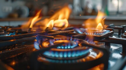 Naklejka premium A detailed view of the flames on a gas stove. Perfect for cooking or home-related projects