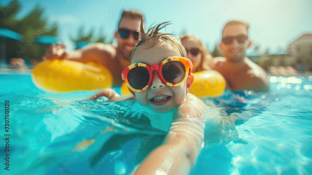 Poster A picture of a man and two children enjoying themselves in a swimming pool. This image can be used to showcase a fun family day at the pool