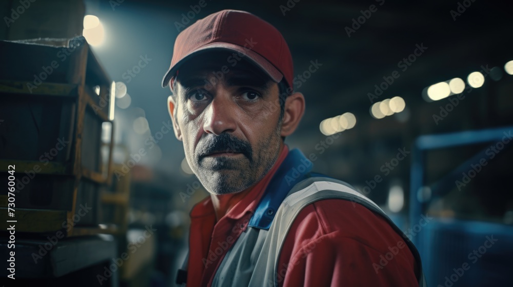 Poster A man wearing a red hat and vest. Versatile image suitable for various uses