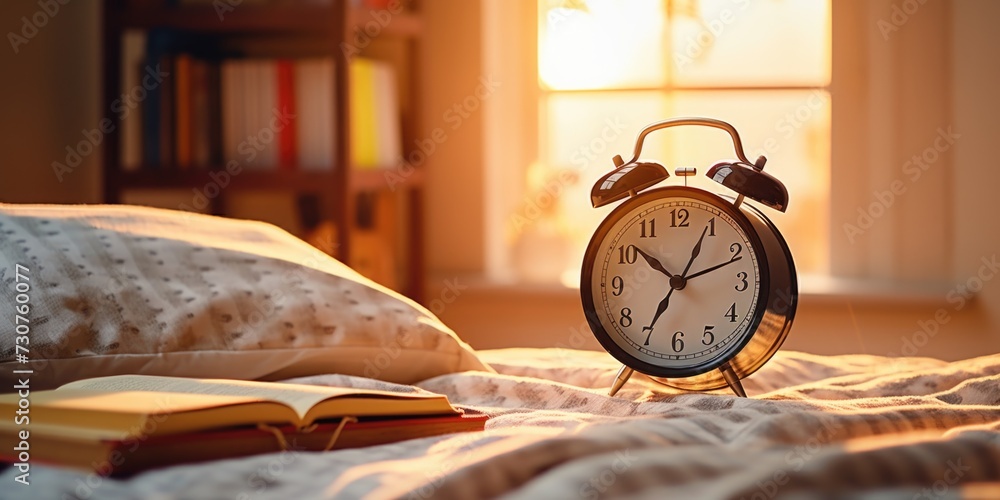 Poster An alarm clock sitting on top of a neatly made bed next to a book. Perfect for illustrating morning routines or the concept of waking up early.