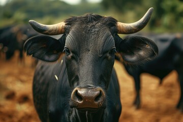 A close-up view of a cow's face with other cows visible in the background. This image can be used to depict farm animals or rural landscapes