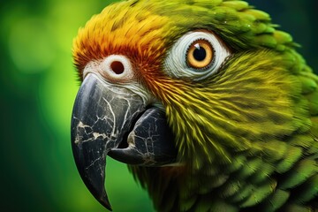 A detailed view of a parrot's face against a vibrant green background. Perfect for nature enthusiasts and animal lovers