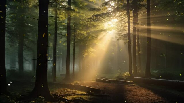 nature background with forest in the morning. early morning sunlight rays shining through misty forest. seamless looping overlay 4k virtual video animation background 
