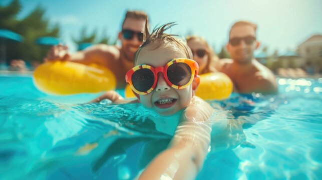 A picture of a man and two children enjoying themselves in a swimming pool. This image can be used to showcase a fun family day at the pool