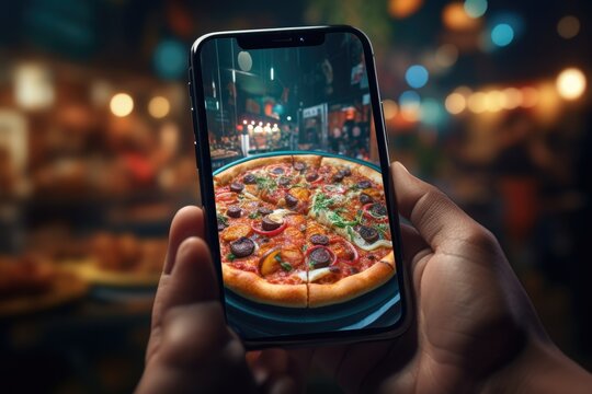 A person capturing a photo of a delicious pizza. Perfect for food bloggers, restaurant reviews, or social media posts