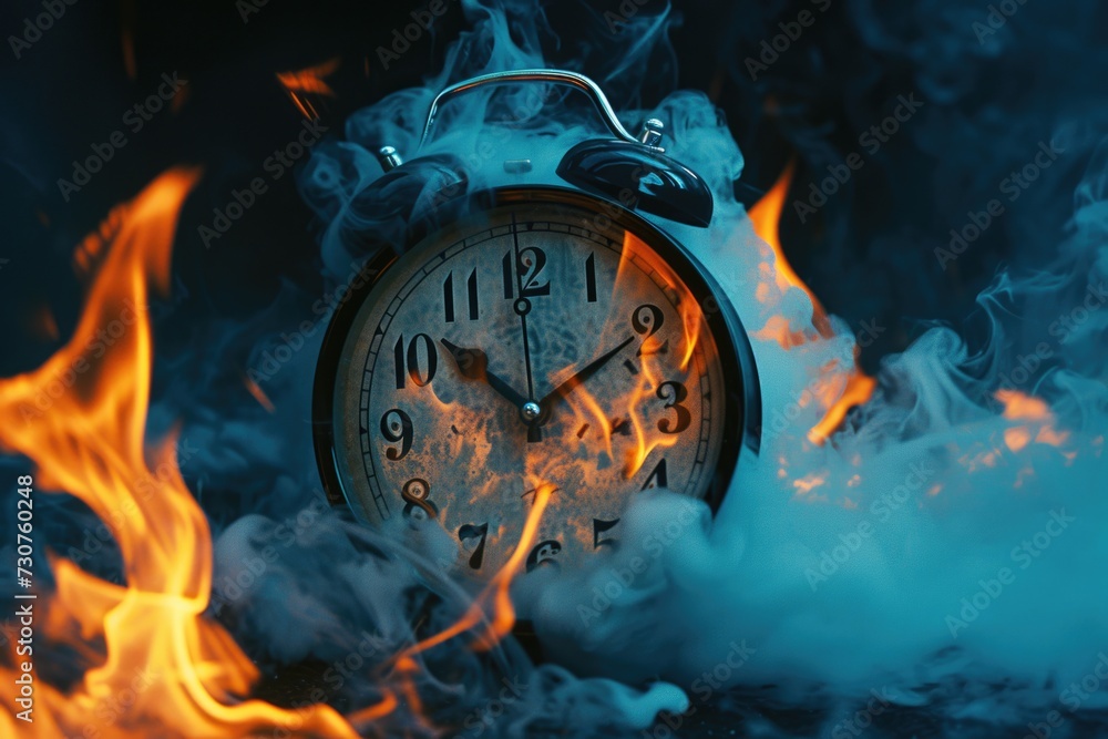 Aufkleber An alarm clock is set on fire, creating smoke. This image can be used to symbolize the passing of time, urgency, stress, or the need to break free from routine