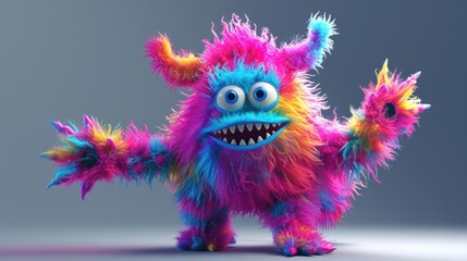 A brightly colored furry monster with one hand raised in the air. Can be used to add a playful and whimsical touch to various projects