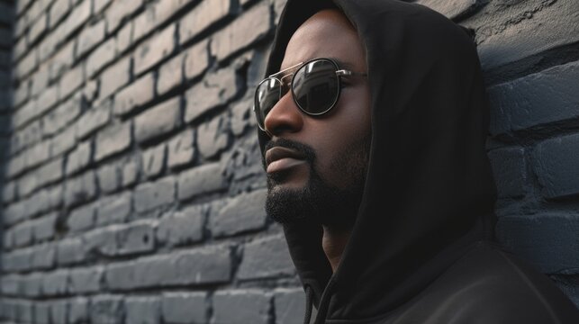 A man wearing a hoodie and sunglasses leans against a brick wall. This image can be used to portray urban style, mystery, or a cool and casual attitude