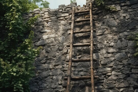 A wooden ladder is leaning against a stone wall. This image can be used to depict construction, maintenance, or home improvement projects