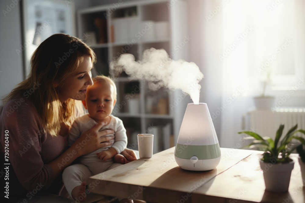 Aufkleber a woman is seen holding a baby in front of a humidifier. this image can be used to depict the import