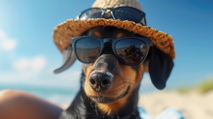 A dog is pictured wearing sunglasses and a straw hat. This image can be used to depict a fashionable and trendy pet enjoying the summer sun