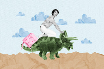 Photo collage picture young girl ride jurassic park predator dinosaur prehistoric trip traveler...