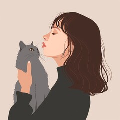 girl with cat illustration.