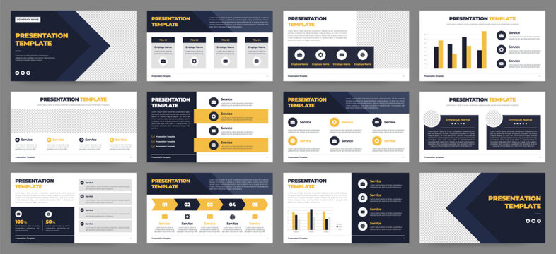Modern Yellow and Navy Startup Pitch Deck and Campaign Deck Presentation Template with Infographics. Creative educational presentation template with infographic slides and minimal pastel design.