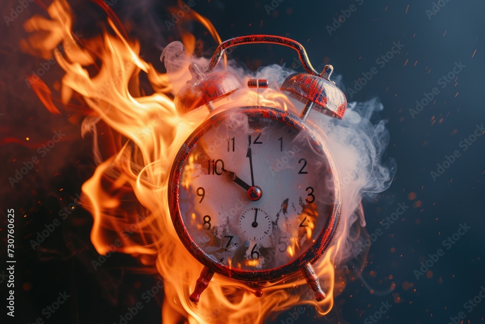 Poster a clock is on fire, emitting smoke. this image can be used to represent urgency, the passing of time
