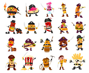 Fototapeta premium Cartoon fast food pirate and corsair characters. Vector cola, hot dog, ice cream, taco, coffee and pizza. French fries, donut, burger, nachos and pop corn. ketchup or mustard, cheesecake, and burrito