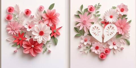 Colorful paper flowers and a heart decoration. Ideal for DIY crafts and Valentine's Day projects