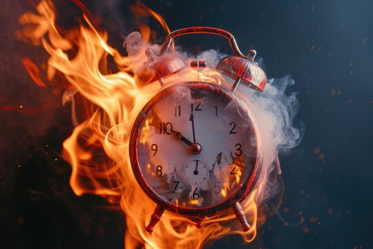 A clock is on fire, emitting smoke. This image can be used to represent urgency, the passing of time, or a countdown to an event