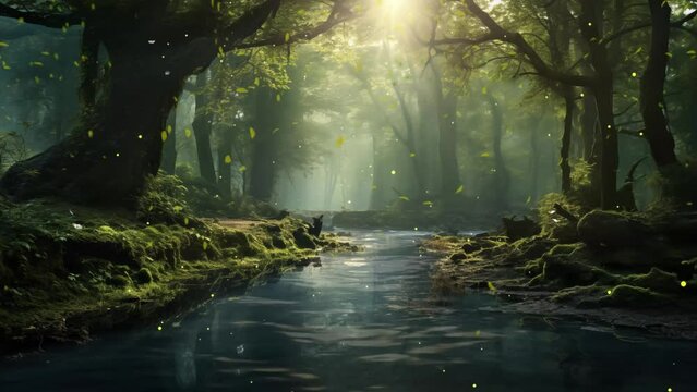beautiful forest. spring forest nature landscape, beautiful spring stream, river in mountain forest. seamless looping overlay 4k virtual video animation background 