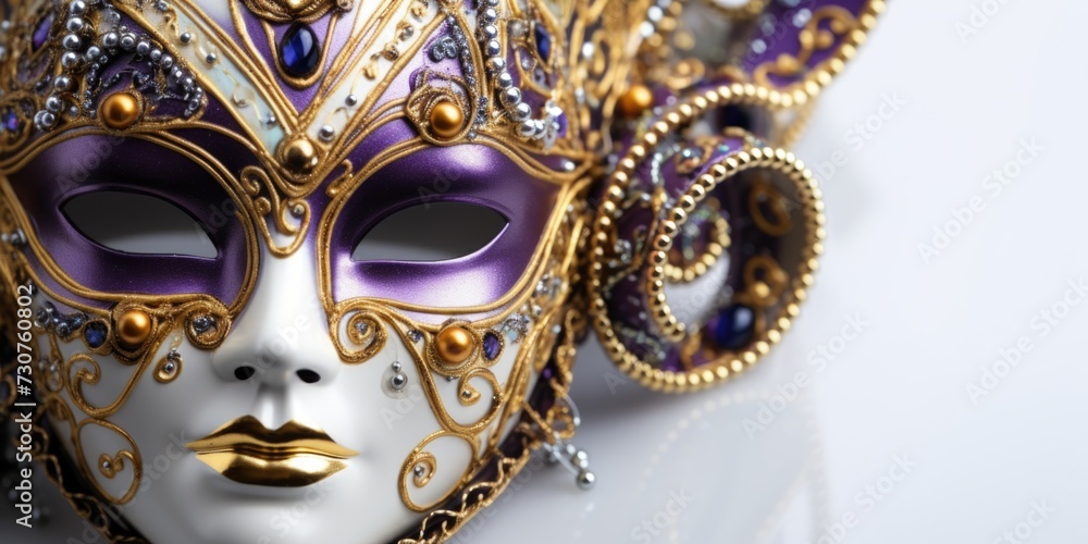 Poster A close up view of a mask placed on a table. Suitable for various themes and concepts