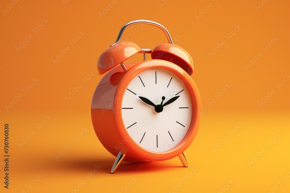 Poster an orange alarm clock placed on a vibrant yellow background. perfect for illustrating concepts of ti