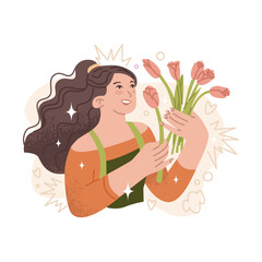 A store employee selects fresh flowers for a bouquet. Flower delivery store. Flowers as a gift for the holiday. Vector illustration isolated on transparent background.