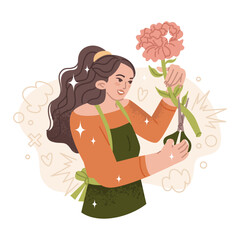 A store employee trims a flower for a bouquet with scissors. Flower delivery store. Flowers as a gift for Mother's Day or March 8th. Vector illustration isolated on transparent background.